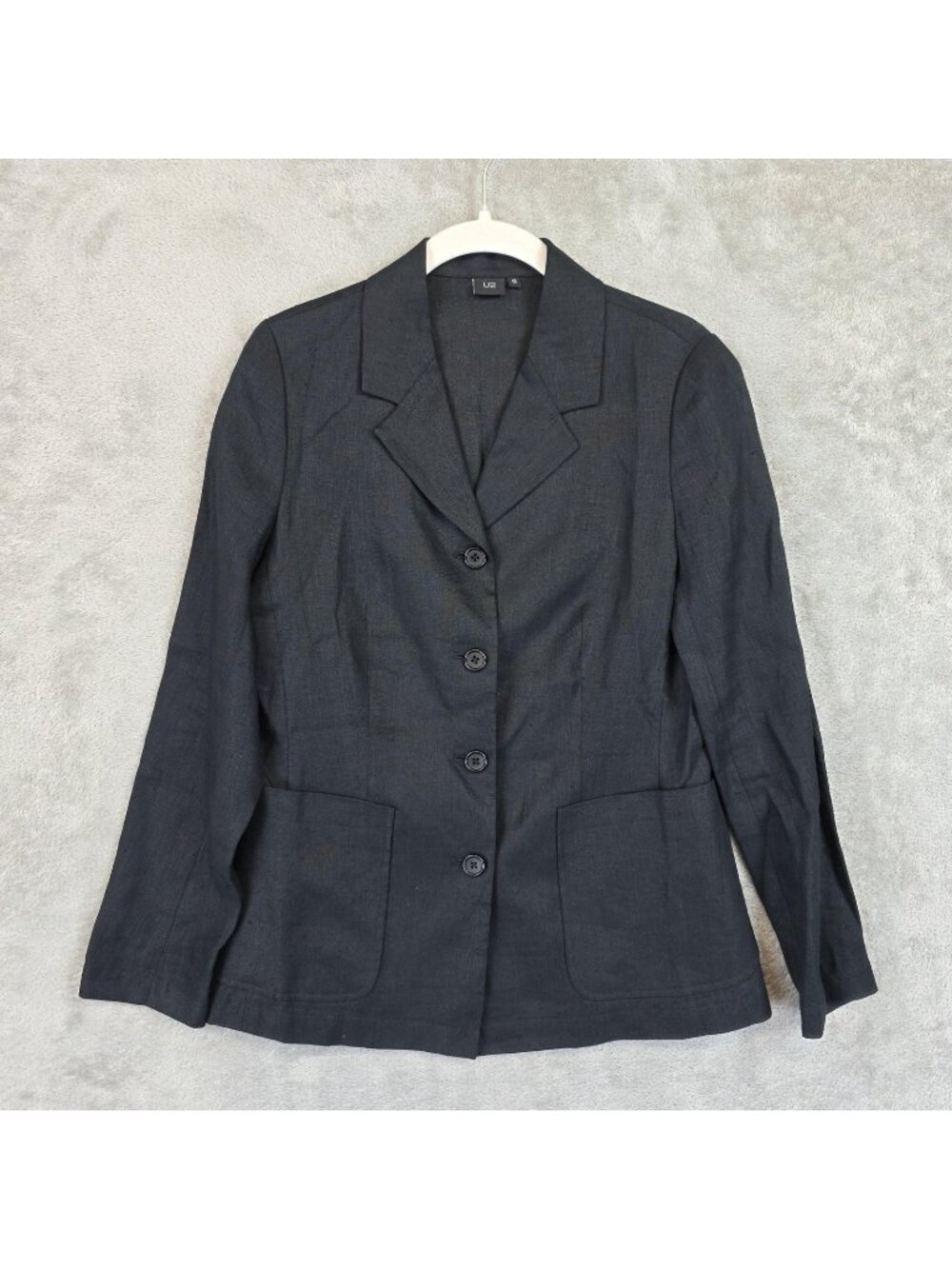 U2 Blazer Womens S Black 100% Linen Four Button Tailored Lined Jacket Career